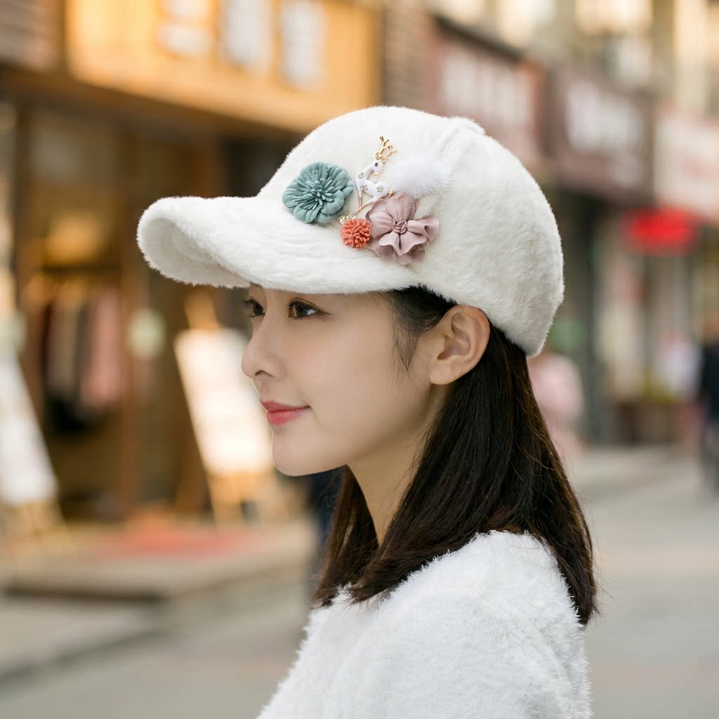 帽子女士冬天鸭舌帽韩版潮时尚小鹿花朵手工棒球帽仿皮草貂毛绒帽