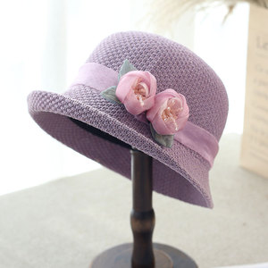 2025新款春夏季防晒遮阳盆帽妈妈卷边手工水晶珠花朵渔夫帽小礼帽