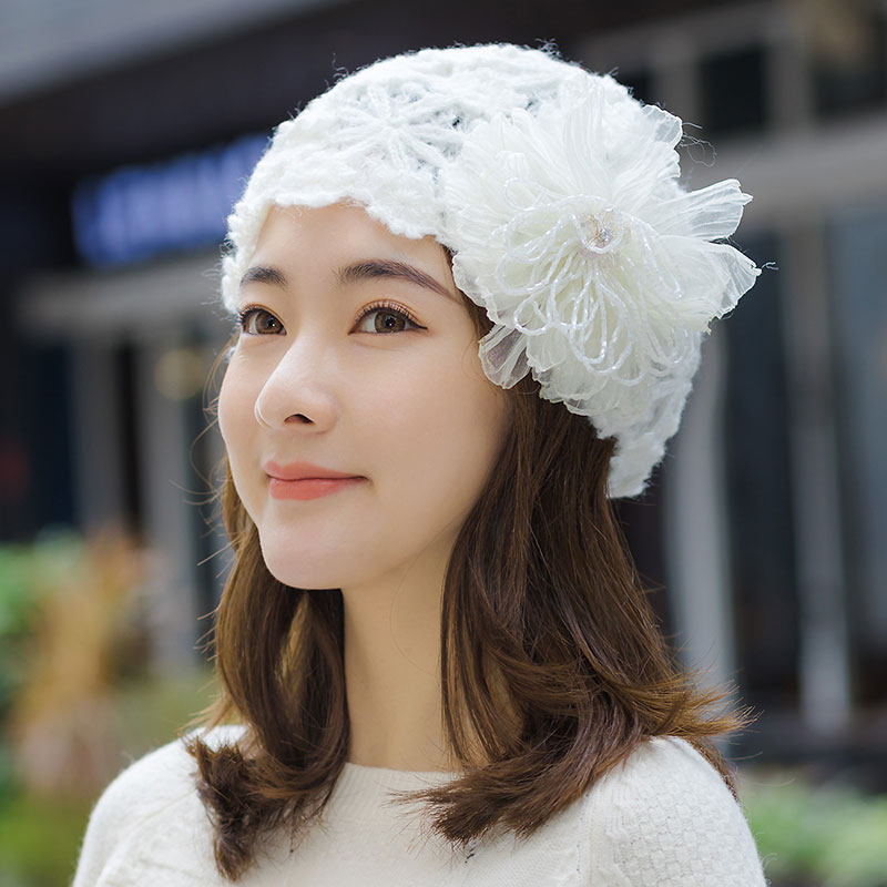 帽子女韩版潮时尚百搭甜美包头帽女士手工钩针织花边贝雷毛线帽冬