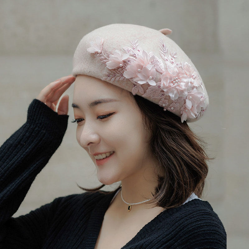 贝雷帽秋冬日系羊毛呢画家帽粉色森女蕾丝水钻钉珠花保暖蓓蕾帽子
