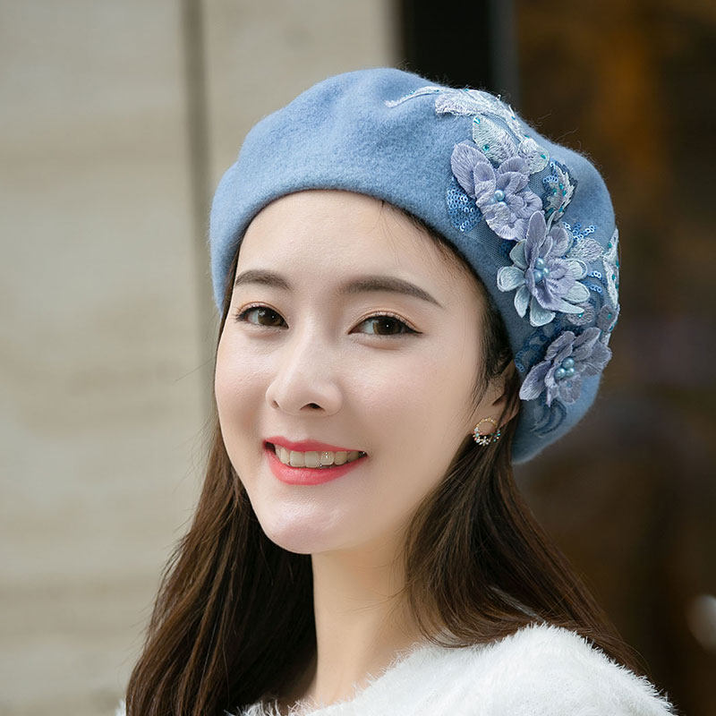 日系羊毛呢立体刺绣花朵贝雷帽画家帽南瓜帽森系甜美天蓝色蓓蕾帽