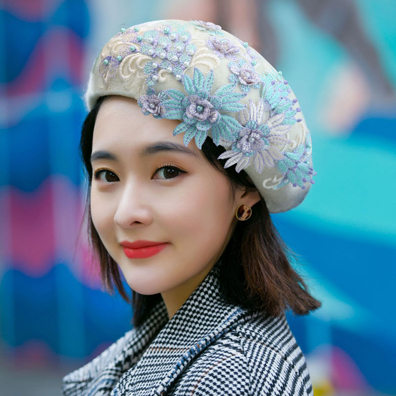 贝雷帽女士手工钉珠刺绣秋冬