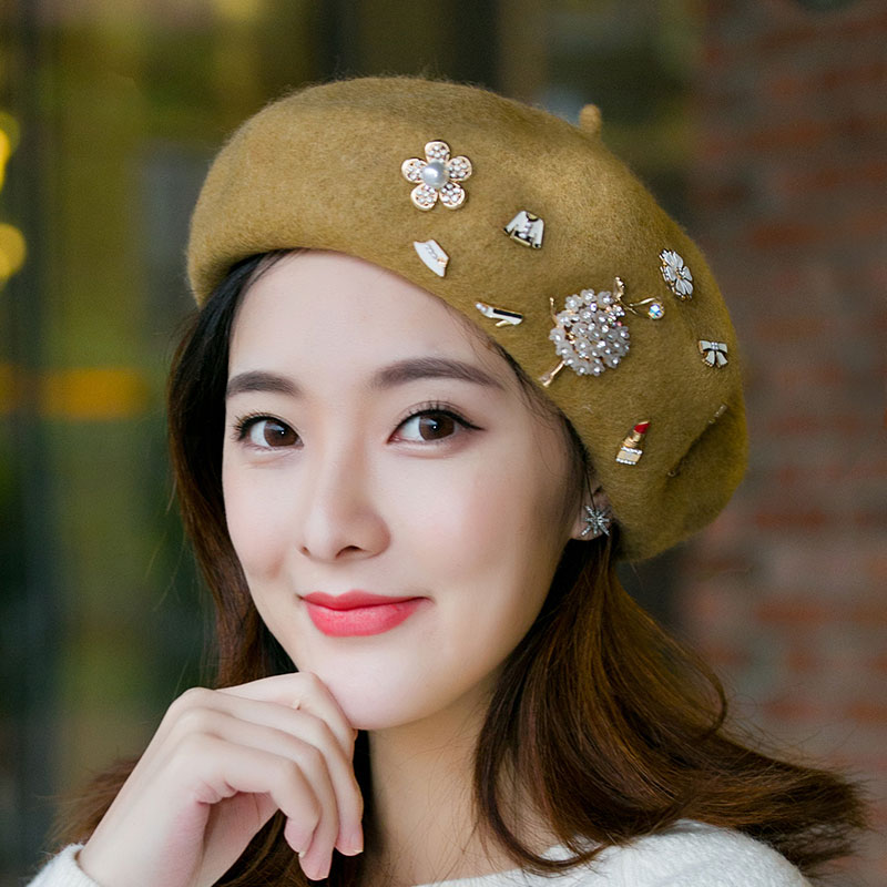 手工贝雷帽韩版女秋冬水钻合金花朵纯羊毛呢画家帽日系羊毛毡帽子