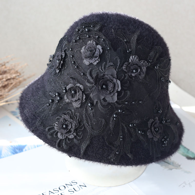 渔夫帽甜美冬重工钉珠蕾丝花朵