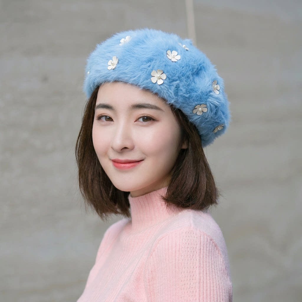 秋冬日系真兔毛绒钉珠贝雷帽女