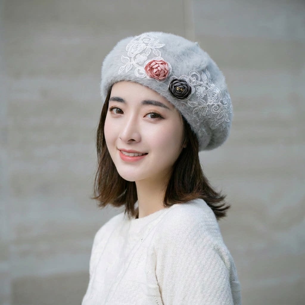 日系刺绣蕾丝兔绒贝雷帽女