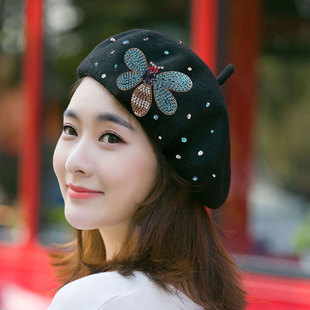 黑色羊绒贝雷帽子女秋冬2025新款重手工镶满钻英伦复古百搭画家帽