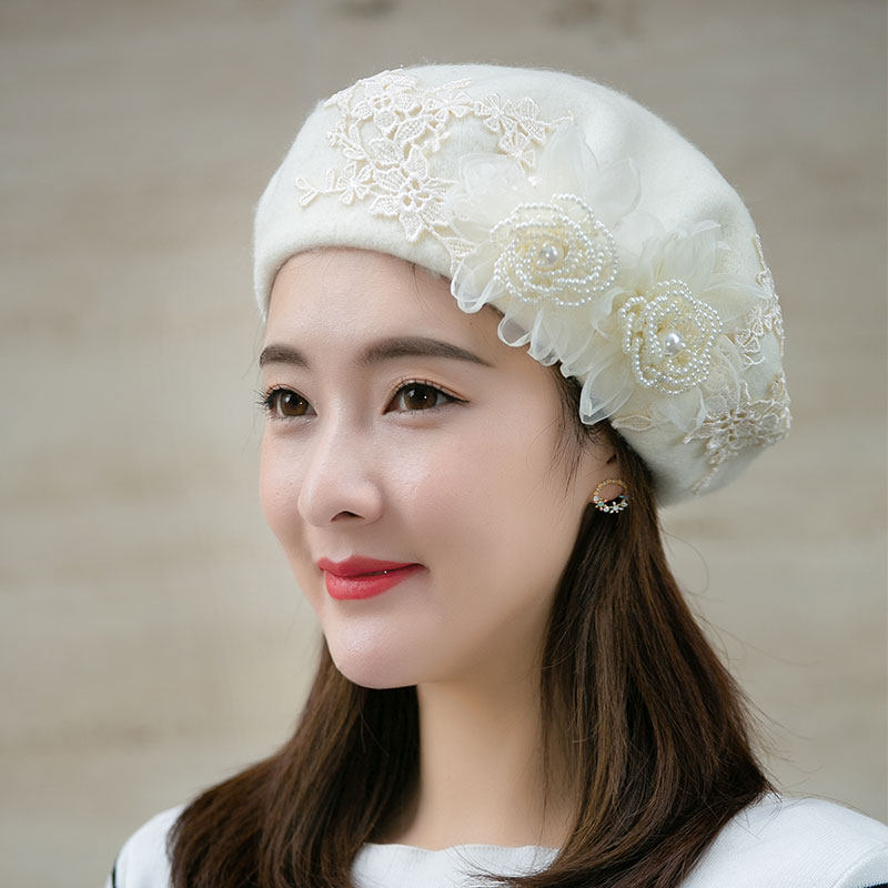 蕾丝羊毛时尚仙美花朵画家帽子