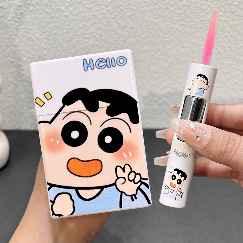 蜡笔小新烟盒打火机组合便携高颜值可爱卡通创意送男友防风耐用