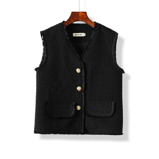 柏奈薇小香风短款马甲女2024秋冬黑色显瘦流苏款小个子女羽绒内里