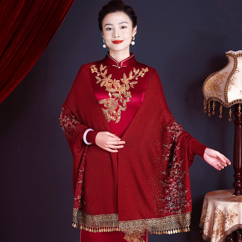 开衫保暖流苏围巾冬搭配喜妈妈喜婆婆婚宴旗袍披肩斗篷外套带袖子