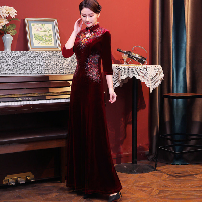 旗袍裙高个子长款连衣裙大摆显瘦挡小肚子修身高贵宴会喜婆婆礼服