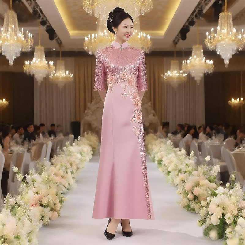 中袖喜婆婆鱼尾连衣裙