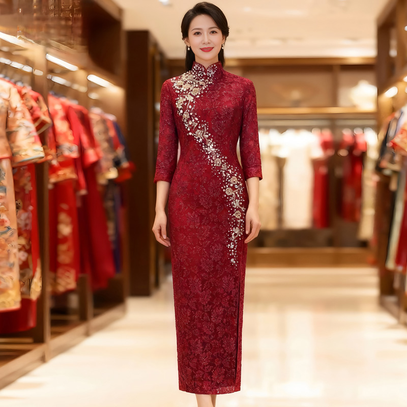 枣红色出阁宴喜妈妈敬酒服旗袍 秋冬新款结婚喜婆婆长款高端礼服