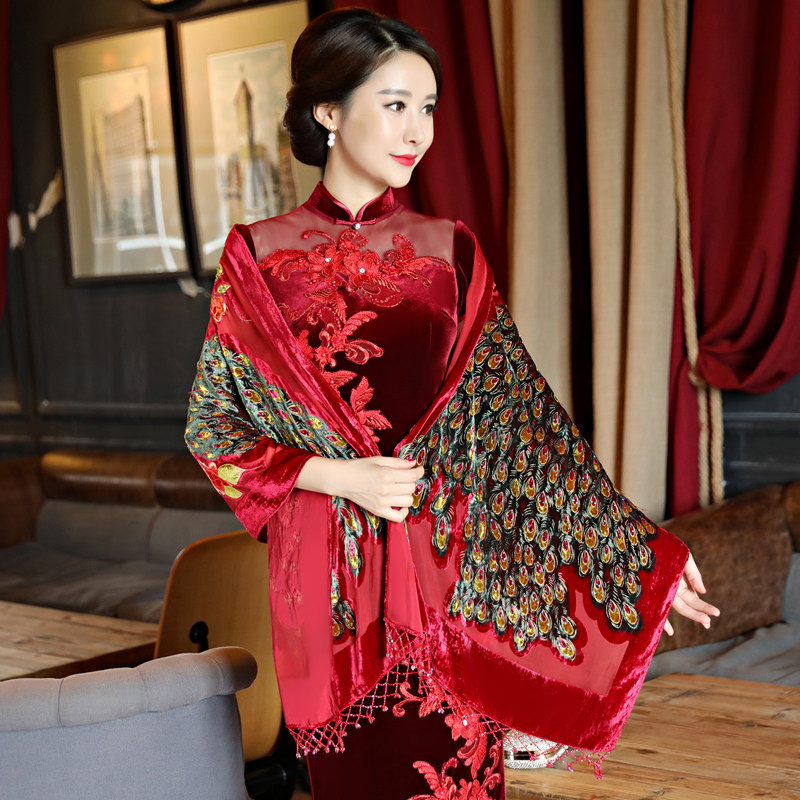 丝绒夏款装手工订珠孔雀中式围巾