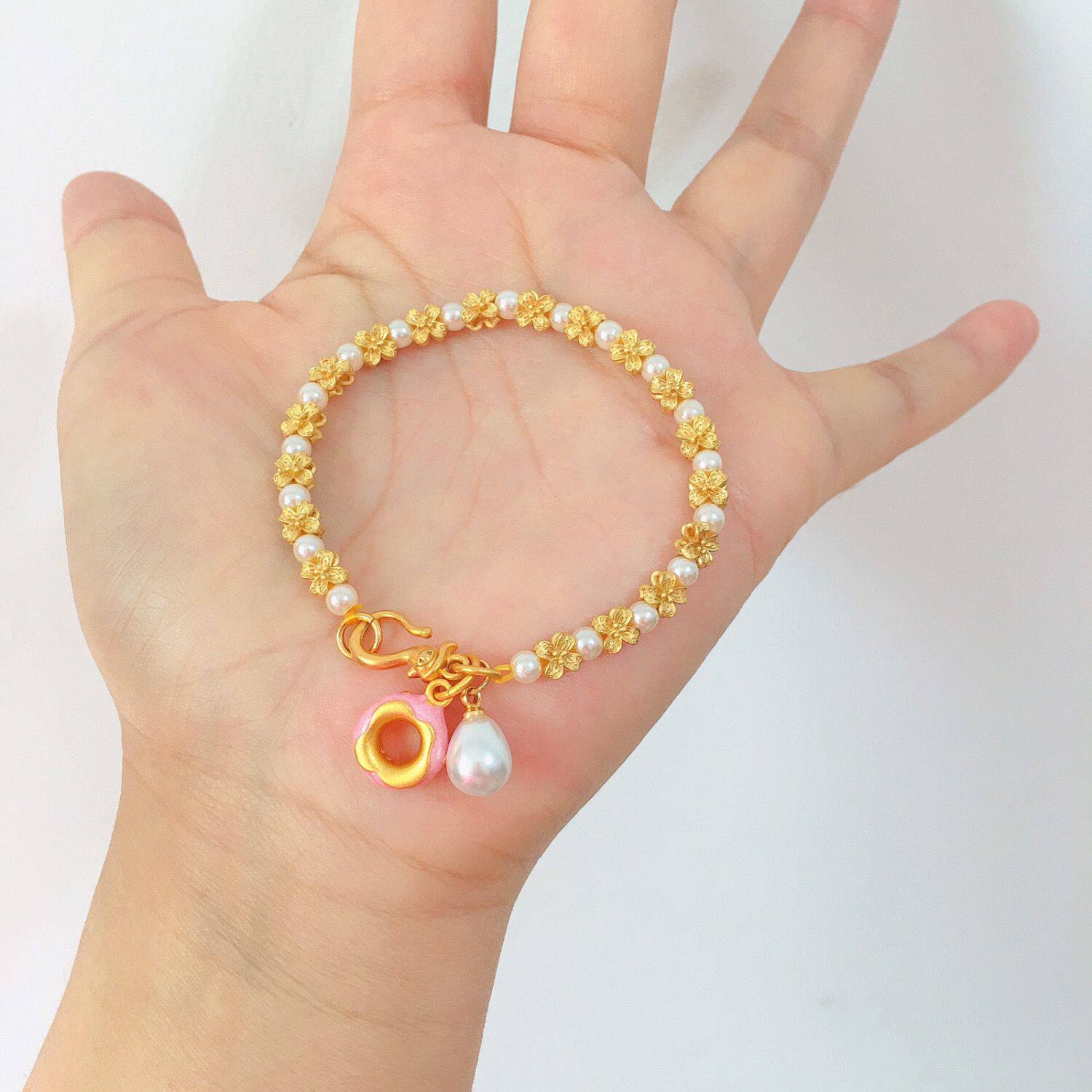 沙金新款桂花山茶花手链甜甜圈吊坠小众时尚巴洛克贝珠甜美可爱