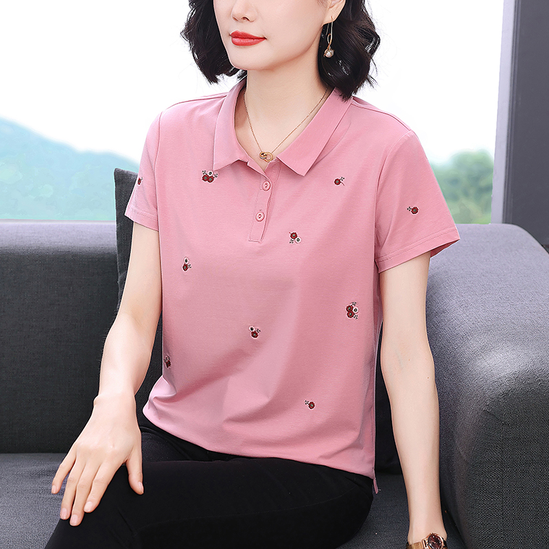 纯棉刺绣短袖t恤女装夏季新款宽松大码中年妈妈翻领POLO衫上衣女