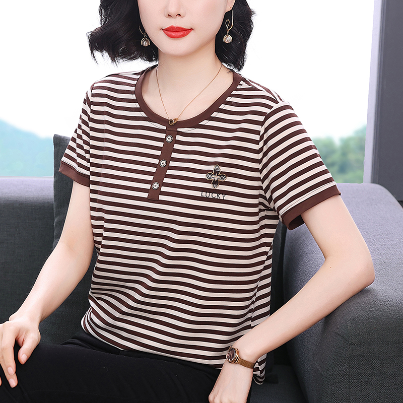 条纹短袖t恤女2025夏季新款纯棉洋气遮肚小衫中老年妈妈半袖上衣