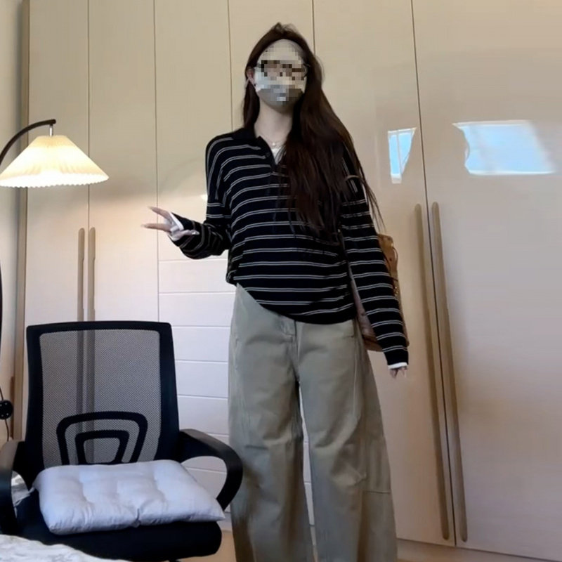 早秋季长袖t恤女2025新款设计感韩系慵懒黑白条纹针织polo衫上衣