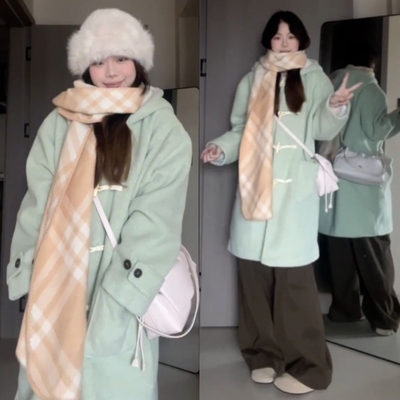 2025新款韩系连帽牛角扣毛呢外套女秋冬小个子中长款加厚呢子大衣