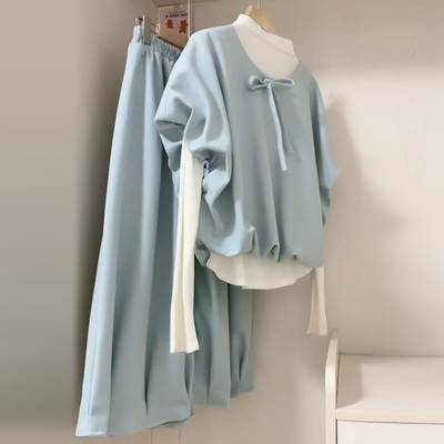 一整套ootd穿搭连衣裙子秋冬季韩系高级感蝴蝶结上衣半身裙两件套