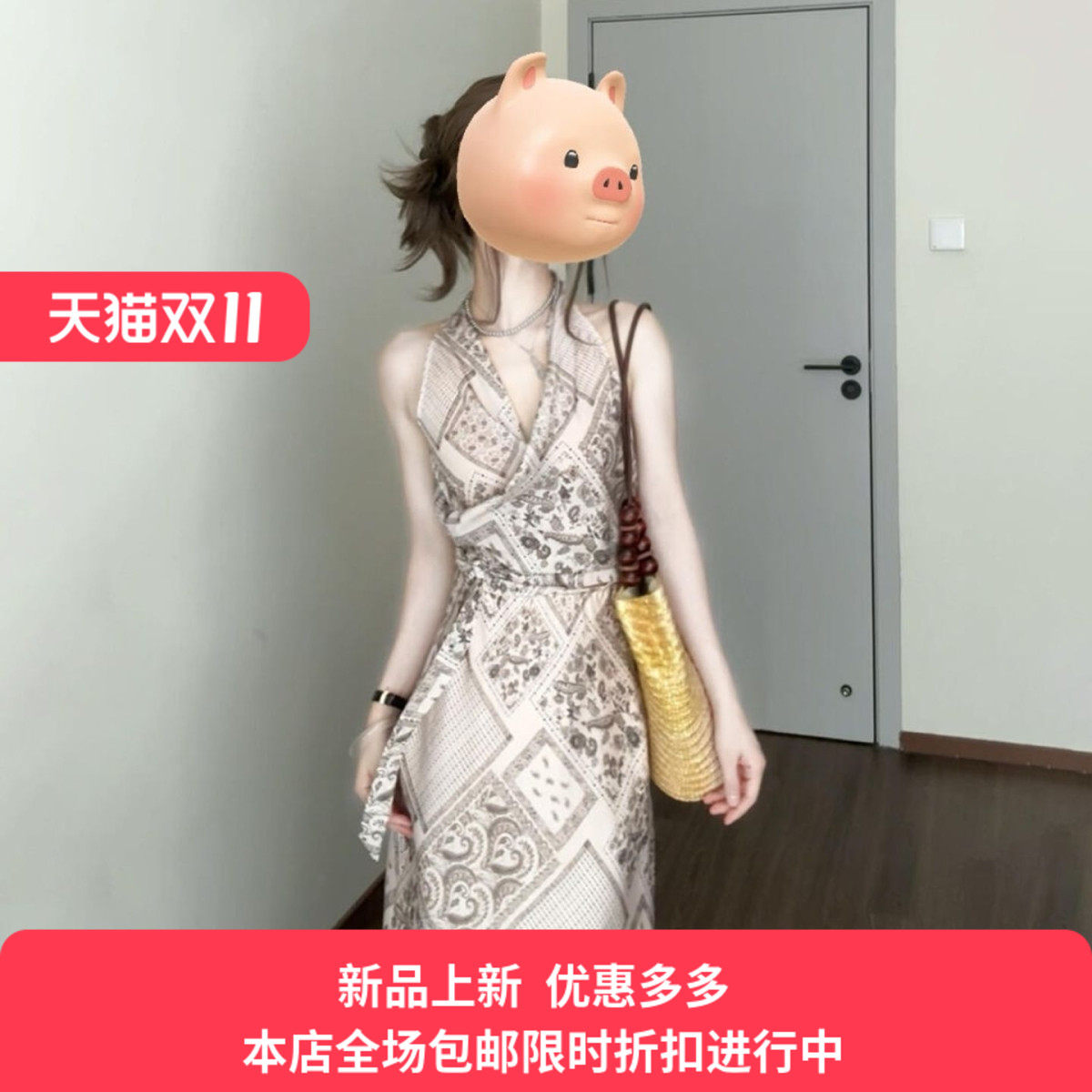 法式印花挂脖吊带连衣裙子女夏季2025新款波西米亚老钱度假风长裙
