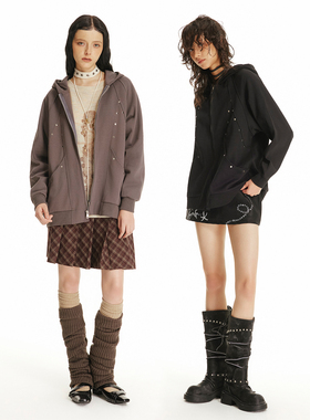 USS 2025秋冬新款连帽卫衣铆钉装饰廓形松弛感复古街头风开衫外套