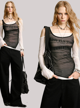 USS美式复古网纱撞色修身上衣女2025早秋真两件辣妹音乐节长袖T恤