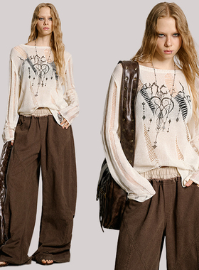 USS 圆领镂空设计感辣妹上衣2025秋季美系蕾丝针织罩衫女长袖T恤