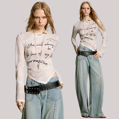 USS 辣妹穿搭2025早秋薄款印花长袖T恤女显瘦内搭打底衫上衣美式