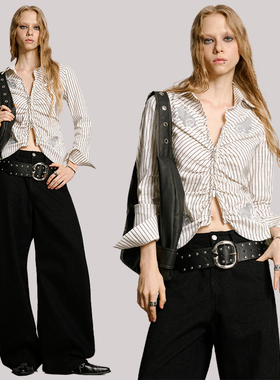 USS 2025秋季新款V领上衣女美式复古拉链扣条纹衬衫小众长袖衬衣