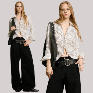 USS 2025秋季新款V领上衣女美式复古拉链扣条纹衬衫小众长袖衬衣