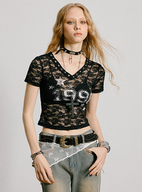 uss美式辣妹性感蕾丝短袖T恤女设计感镂空显瘦短款字母印花