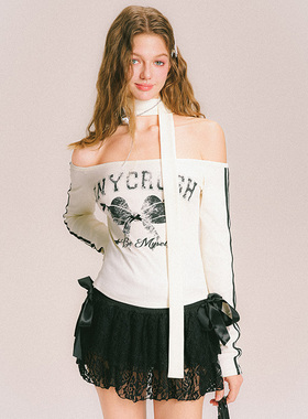 uss新款拼色印花长袖T恤甜辣修身显瘦长袖女甜酷风半露肩t恤上衣