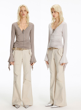 USS 设计感针织衫女秋灰色V领喇叭荷叶边抽褶修身复古长袖上衣