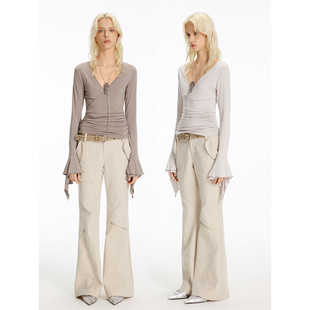 USS 设计感针织衫女秋灰色V领喇叭荷叶边抽褶修身复古长袖上衣