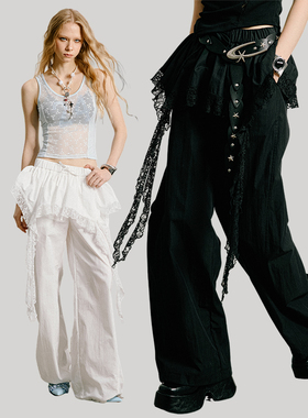 uss女装叠穿裙摆设计工装休闲裤女新款小众拼接蕾丝层次长裤