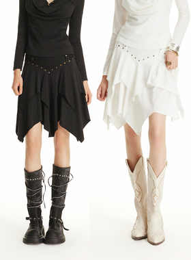 USS春秋季不规则半身裙铆钉点缀荷叶边裙摆甜酷风小众设计短裙