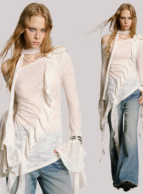 USS早秋斜肩设计感上衣不规则荷叶边飘辣妹带露肩长袖显瘦T恤女