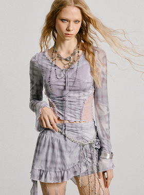 uss紫色甜辣性感蕾丝拼接长袖v领上衣飘带荷叶边短款裙裤套装