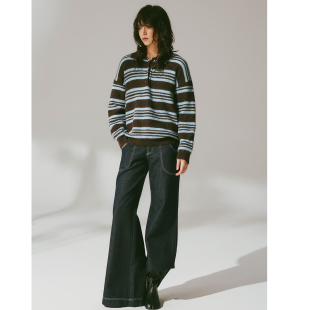 USS 针织套头上衣 宽松撞色条纹毛衣女秋冬百搭复古显瘦慵懒风长袖