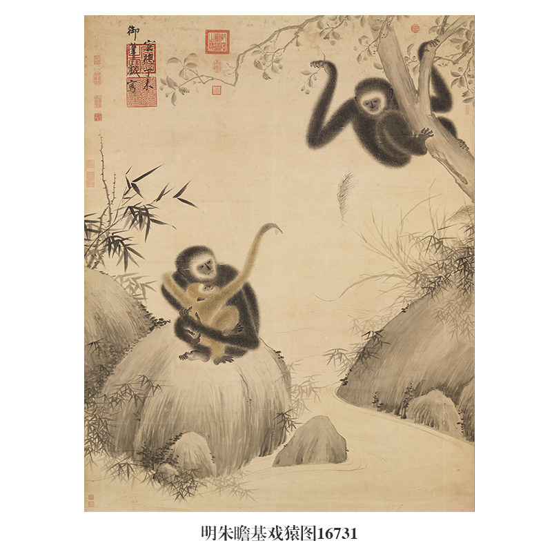 明朱瞻基戏猿图猴年生肖画花鸟画国画字画名画复制品仿古画挂画