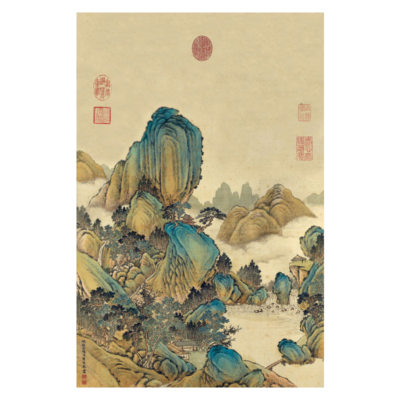新中式装饰画清唐岱山水图青绿山水画挂画客厅沙发玄关茶楼画国画