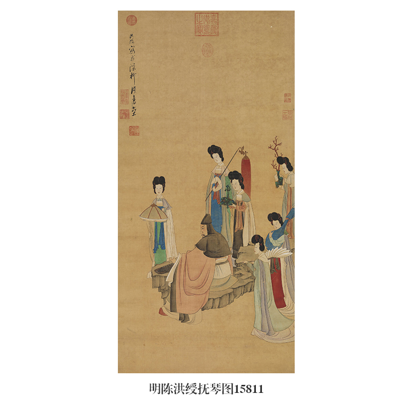 明陈洪绶抚琴图仕女图书画微喷仿古画复制品新中式名画装饰画挂画