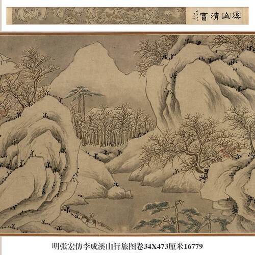 明张宏仿李成溪山行旅图山水画