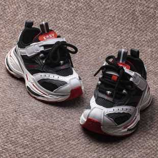 新品儿童老爹鞋8235男女超迁皮面休闲运动鞋黑白中筒学生跑步鞋