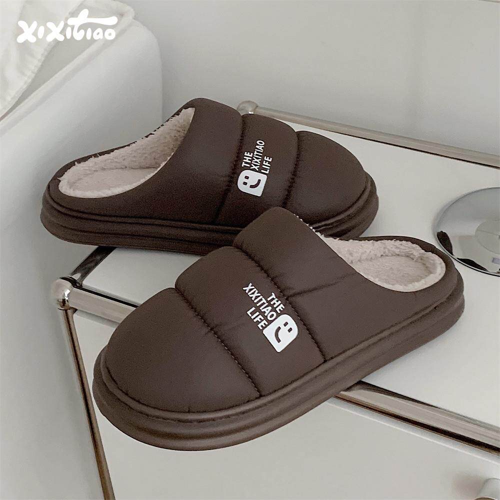 新疆包邮细细条 韩版时尚防水PU皮男士棉拖鞋保暖加绒防滑厚底冬