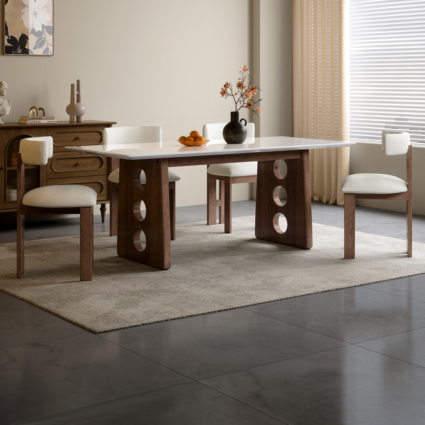 进口皇家白玉天然奢石餐桌中古风实木家用新芬迪白奢石餐厅桌椅