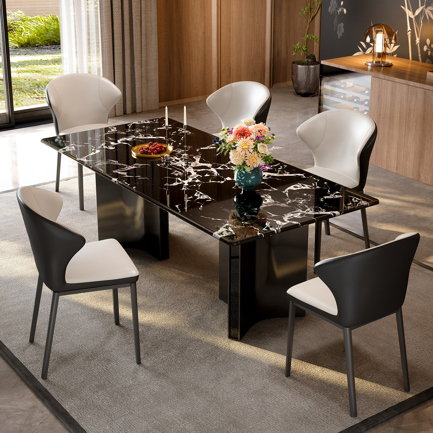 天然奢石餐桌进口宝格丽黑奢石高端餐桌意式轻奢长方形定制餐桌椅