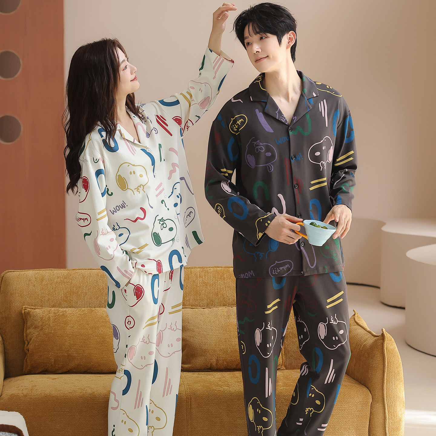 情侣睡衣女春秋季纯棉长袖男可爱卡通韩版开衫休闲夏天家居服套装